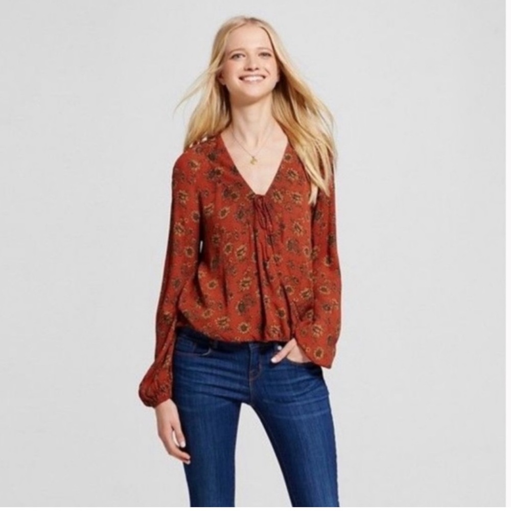 Mossimo Rust Orange Sunflower Floral Boho Blouse Top  XXL Long Sleeve V Neck